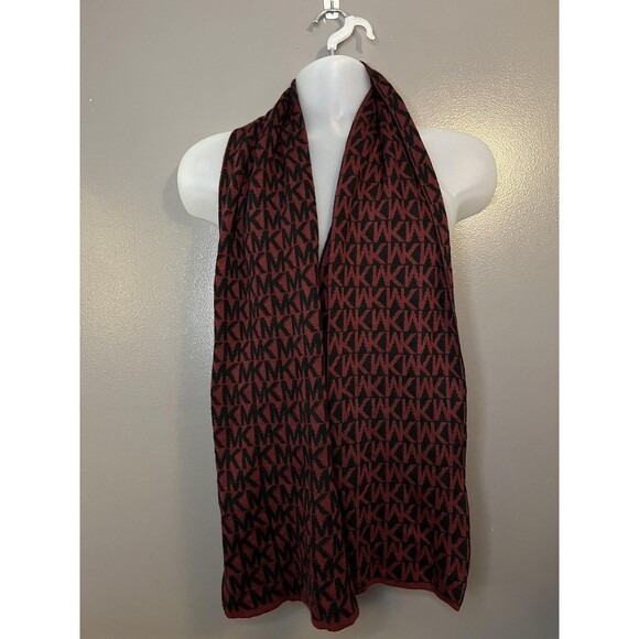 Michael Kors Scarf Womens One Size Black Red MK Monogram Logo Knit Reversible - Picture 1 of 3
